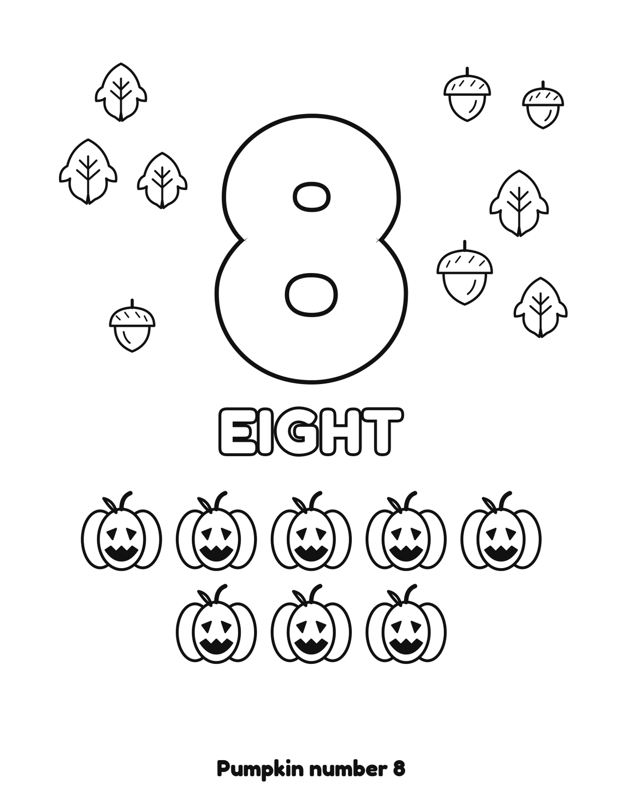 Pumpkin number 8 (eight) coloring page with 8 pumpkins, leaves and acorns