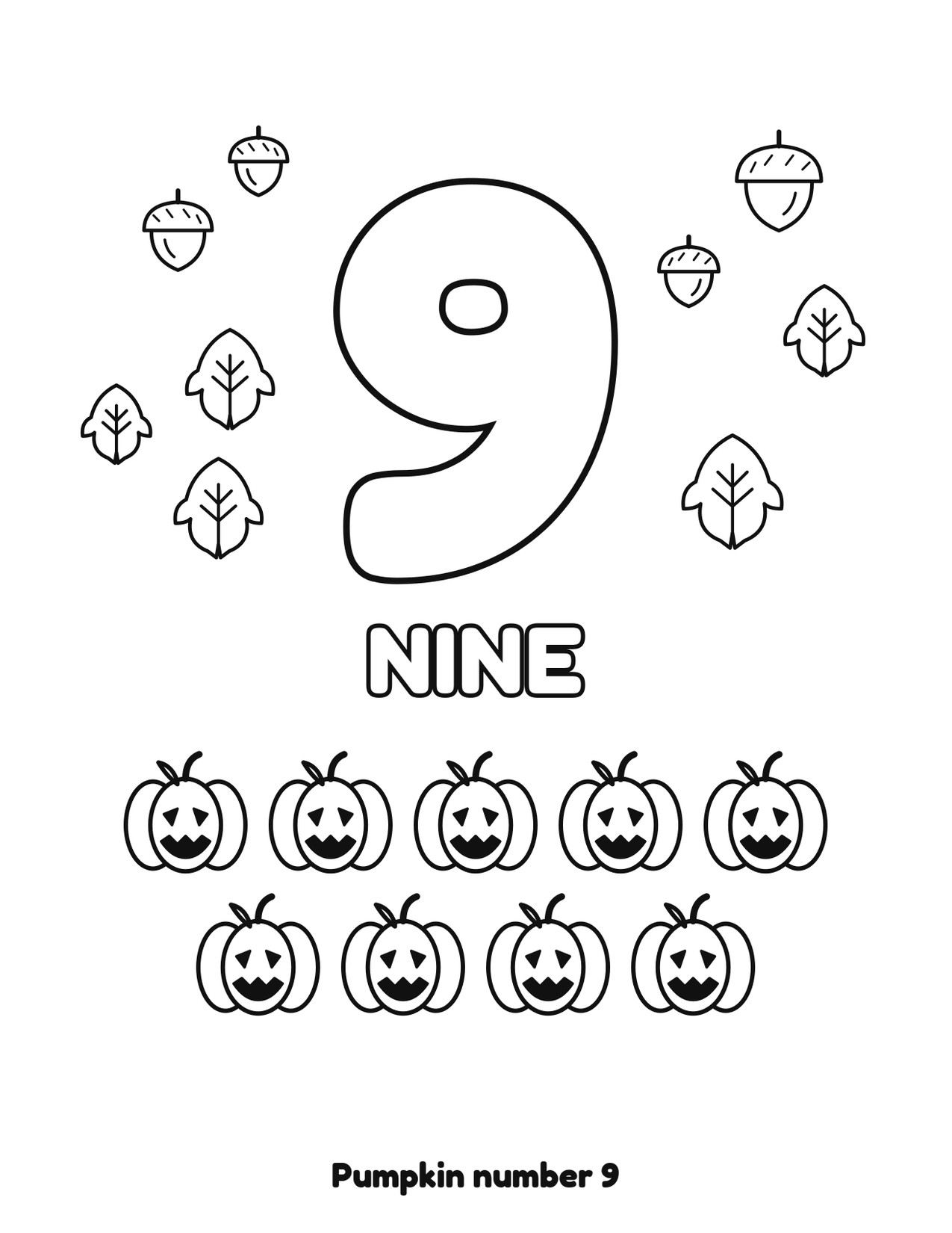 Pumpkin number 9 (nine) coloring page with 9 pumpkins, leaves and acorns