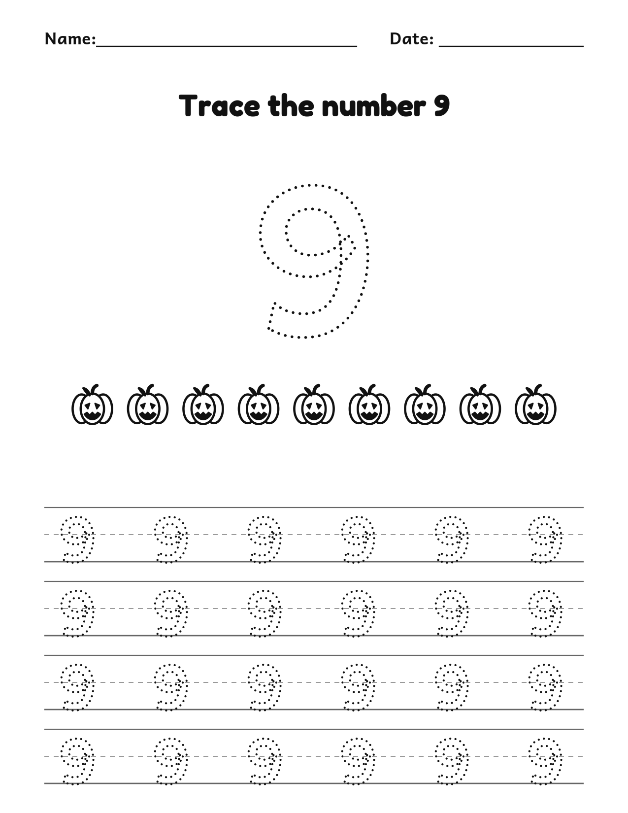 Pumpkin number 9 (nine) tracing worksheet with 9 pumpkins and writing lines