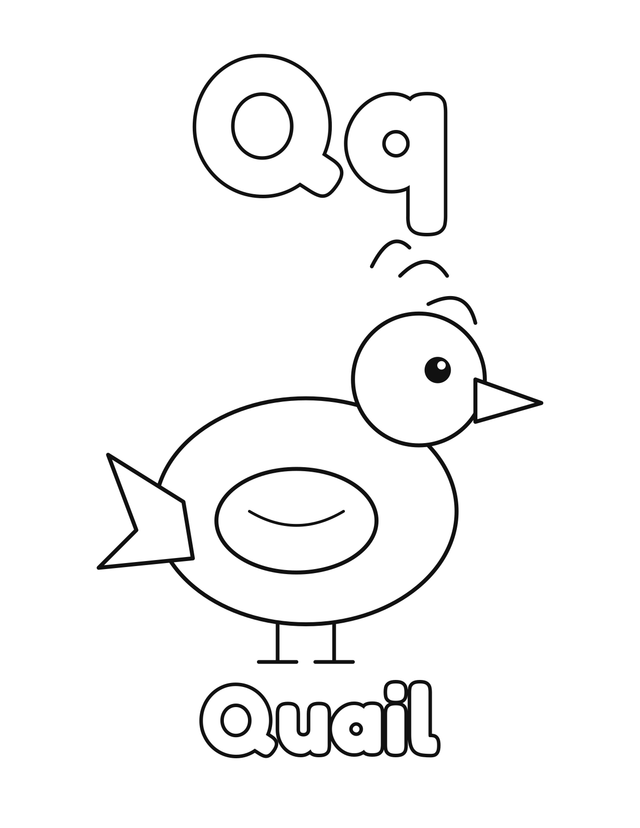 Q is for Quail animal alphabet coloring page with a cute quail to color