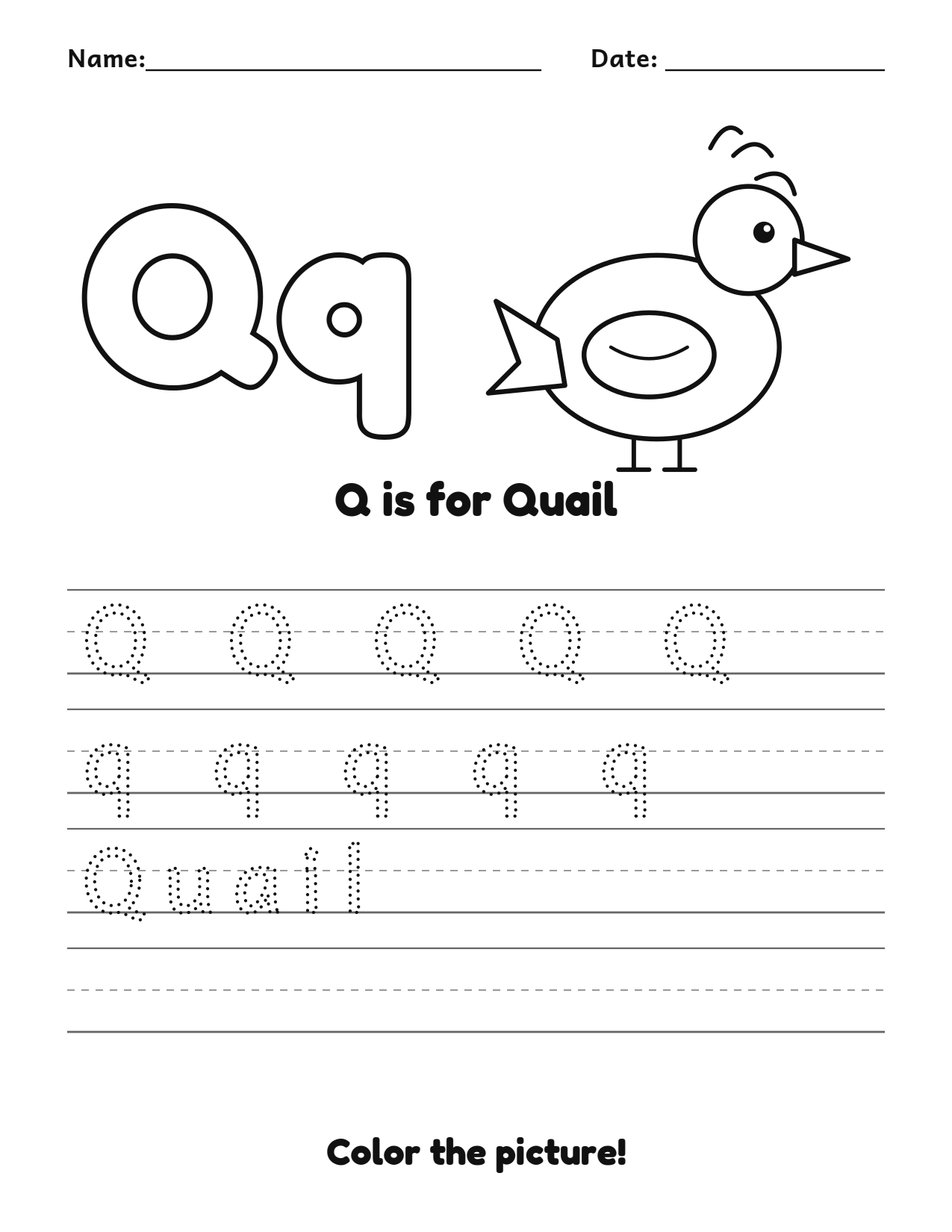 Q is for Quail animal alphabet tracing worksheet with a quail picture and writing lines