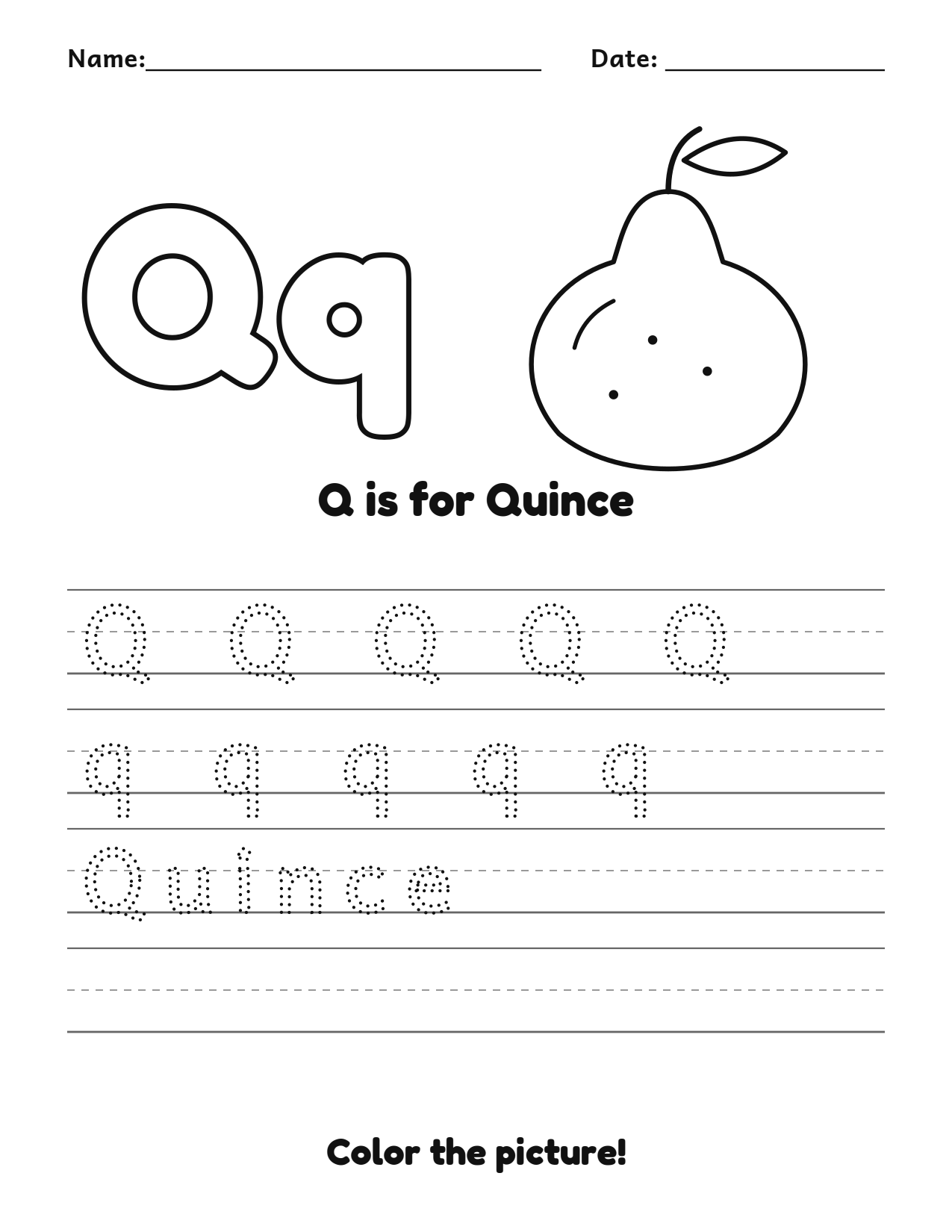 Q is for Quince fruit and vegetable tracing worksheet with a quince picture and writing lines