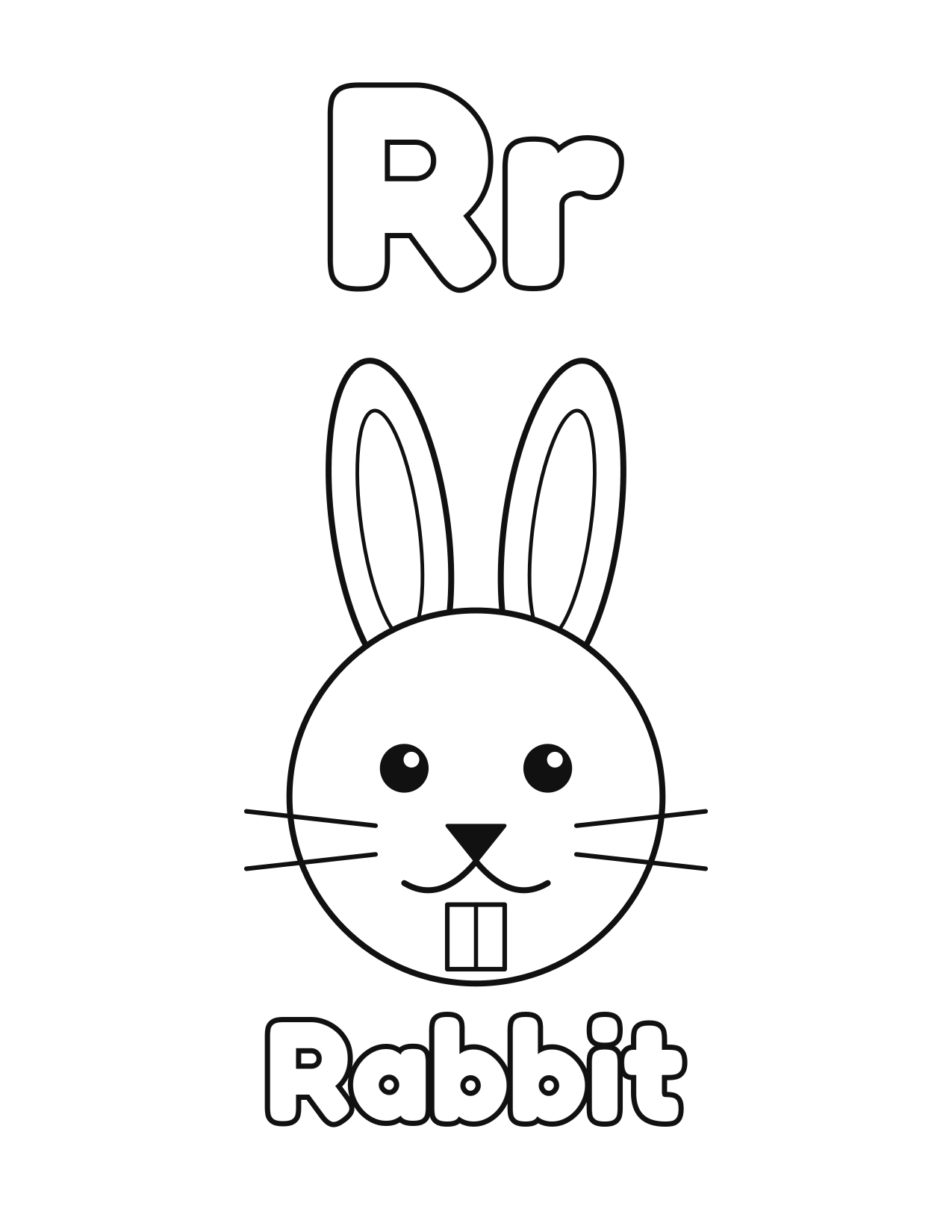 R is for Rabbit animal alphabet coloring page with a cute rabbit to color