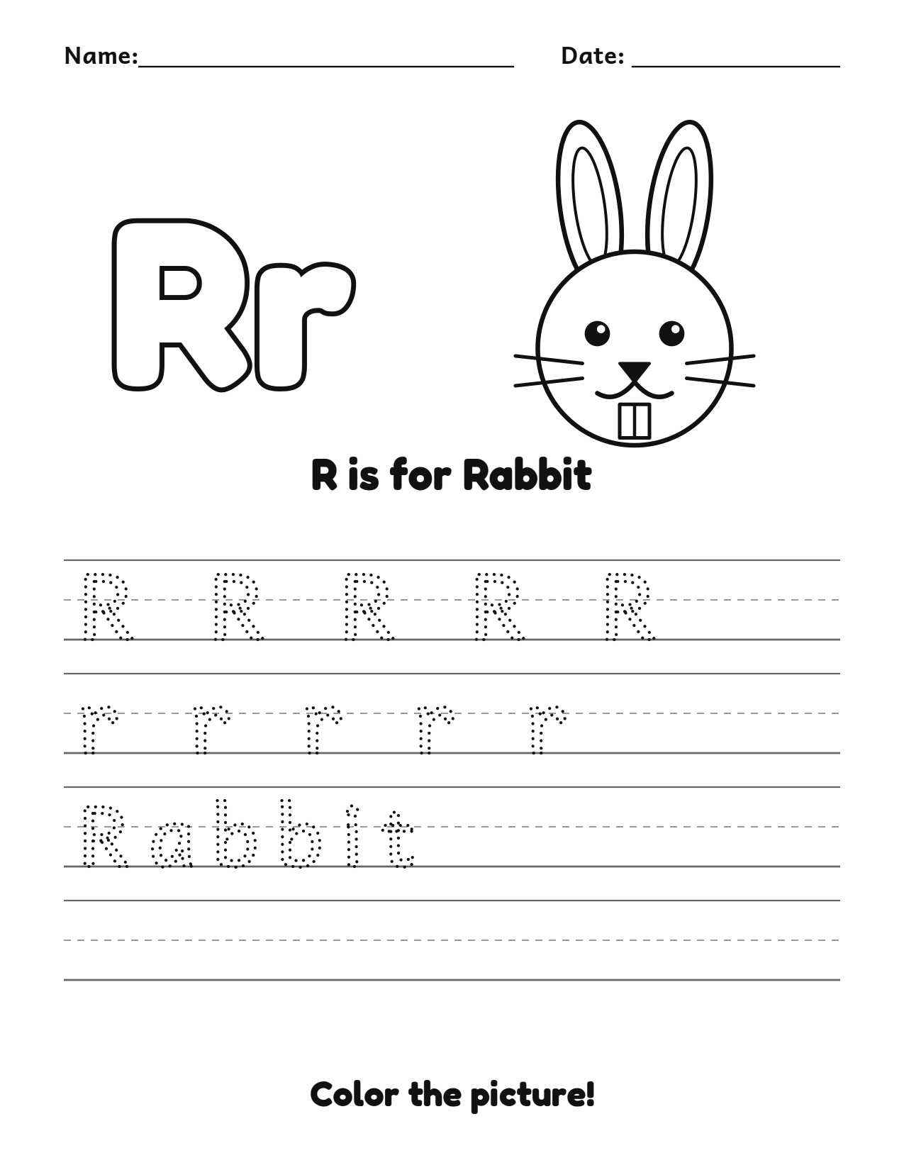 R is for Rabbit animal alphabet tracing worksheet with a rabbit picture and writing lines