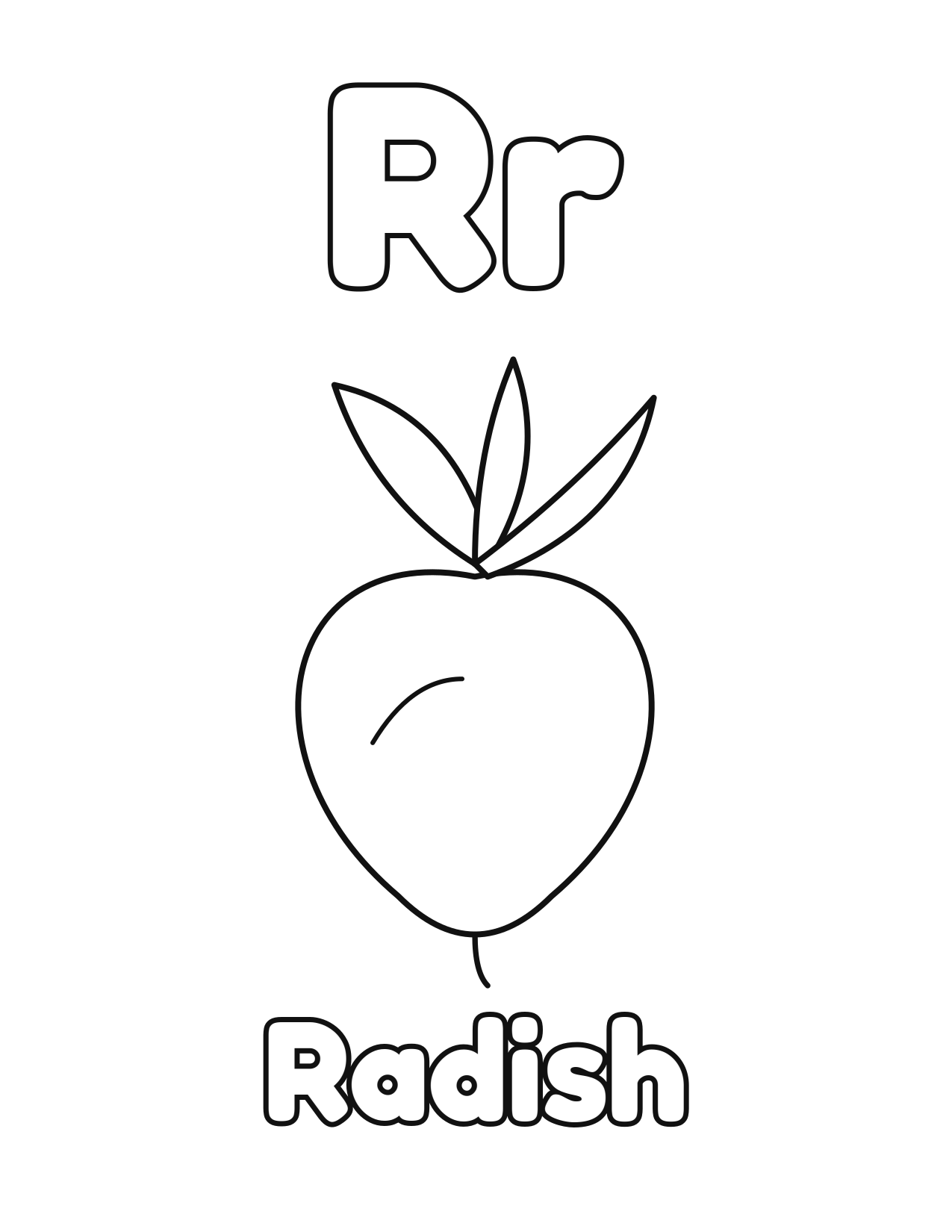 R is for Radish fruit and vegetable alphabet coloring page with radish to color