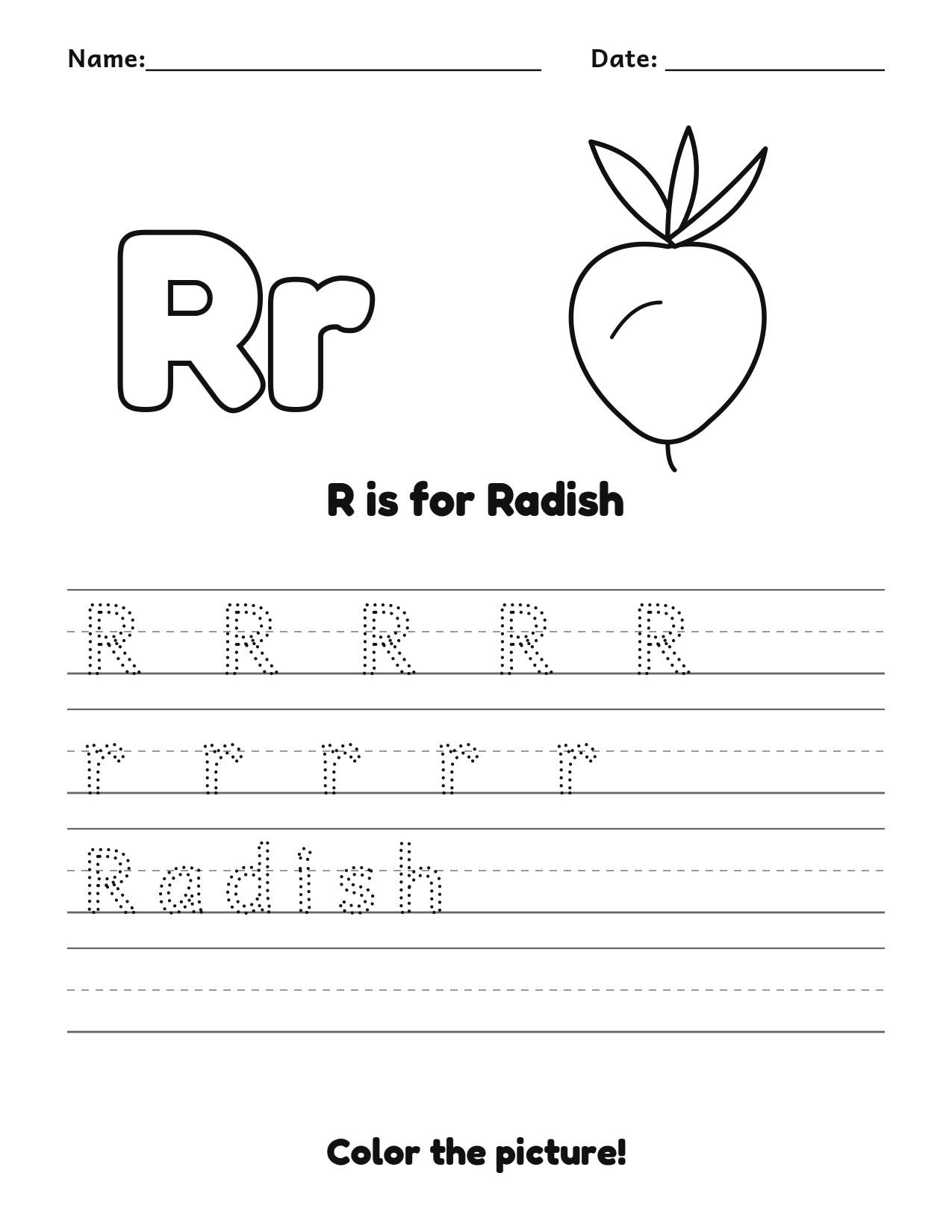 R is for Radish fruit and vegetable tracing worksheet with a radish picture and writing lines