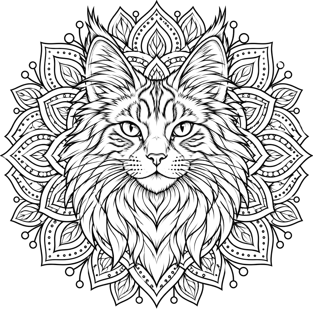 Regal Maine Coon Mandala Portrait coloring page with intricate patterns to print and color