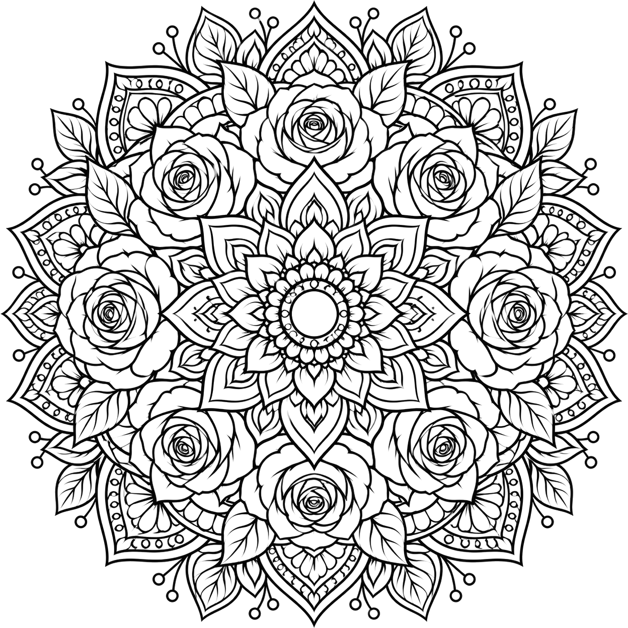 Rose Garden Mandala coloring page with intricate patterns to print and color