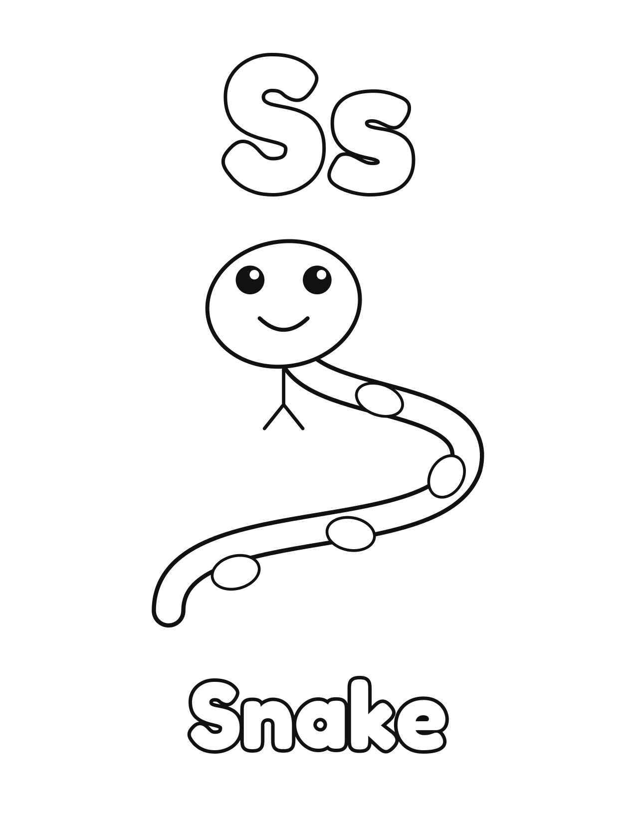 S is for Snake animal alphabet coloring page with a cute snake to color