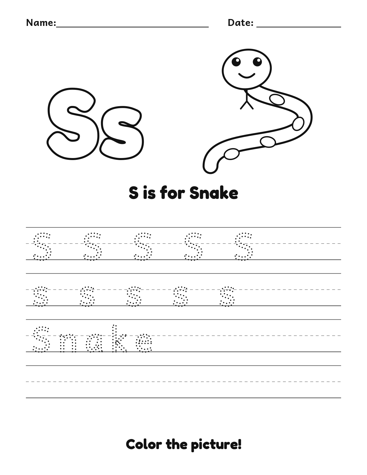 S is for Snake animal alphabet tracing worksheet with a snake picture and writing lines