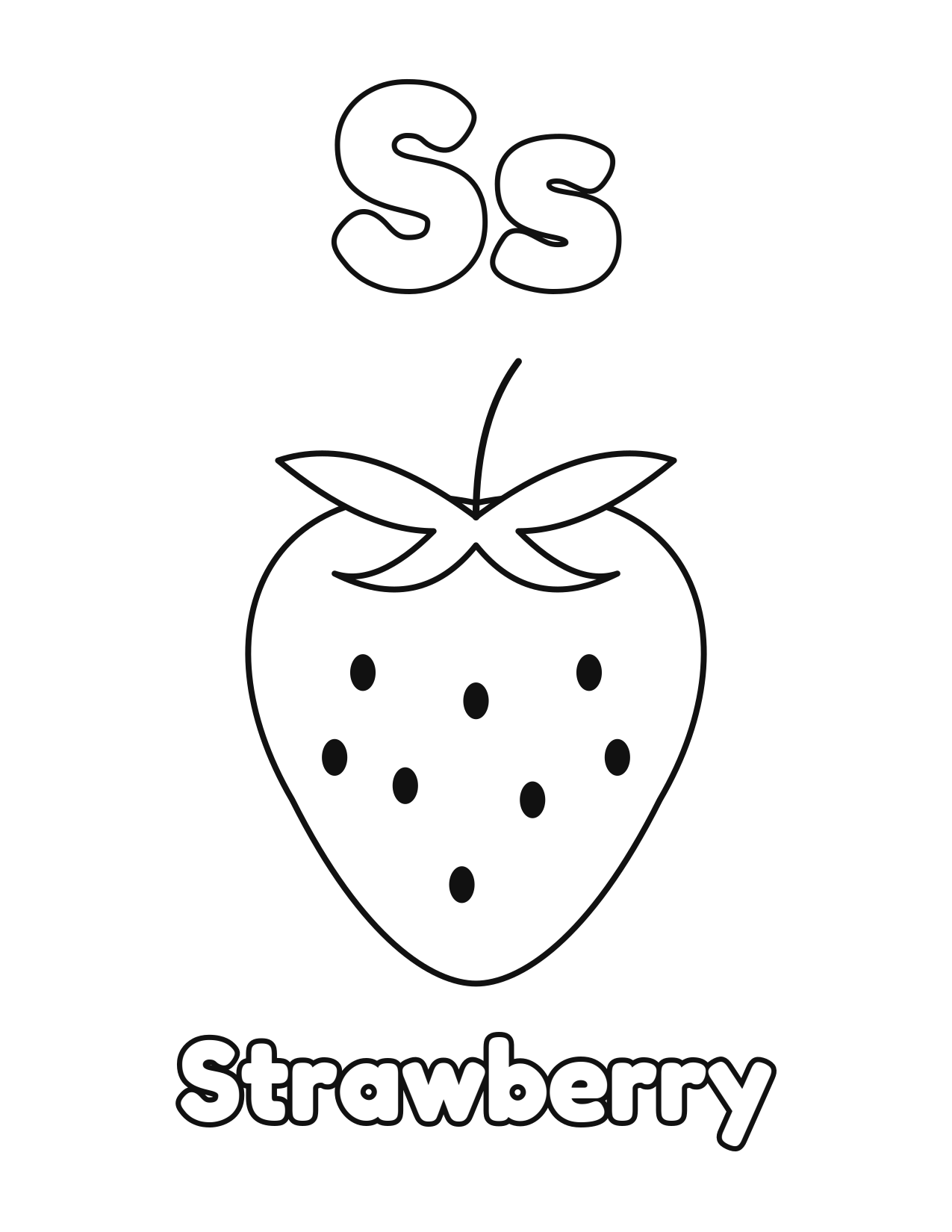 S is for Strawberry fruit and vegetable alphabet coloring page with strawberry to color
