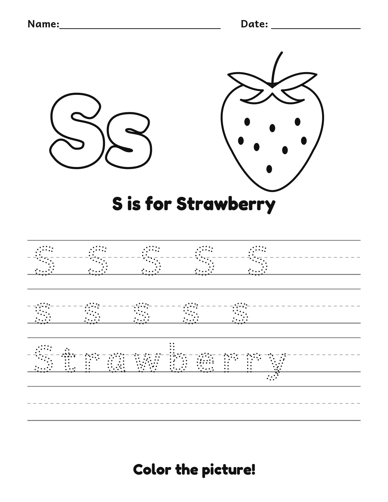 S is for Strawberry fruit and vegetable tracing worksheet with a strawberry picture and writing lines