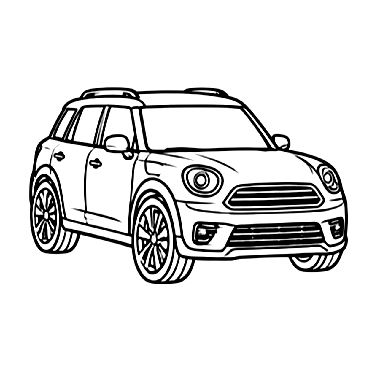Small hatchback car coloring page: a small hatchback with a round-headlight face to print and color