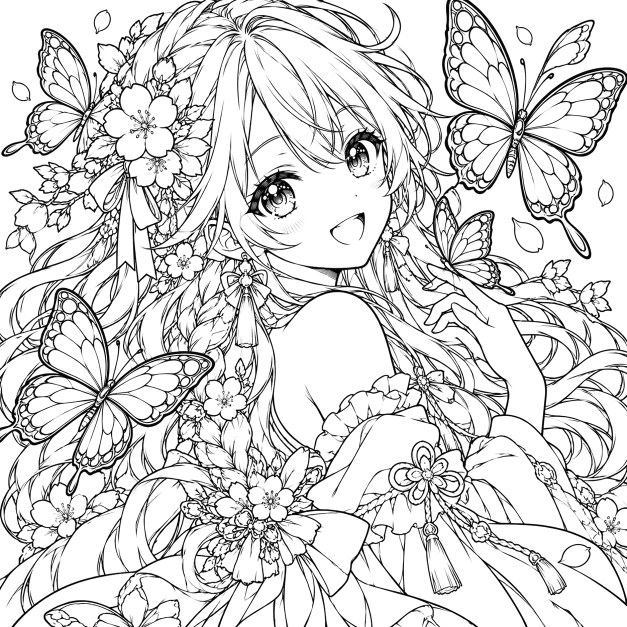 Smiling Butterfly Garden Anime Portrait: anime coloring page with detailed line art to print and color