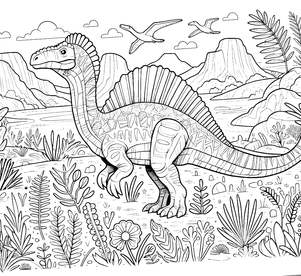 Free printable Spinosaurus dinosaur coloring page 9 for kids