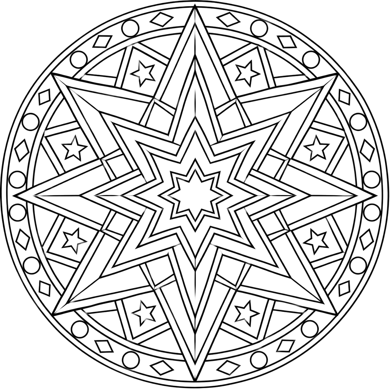 Starburst Geometric Mandala coloring page with intricate patterns to print and color