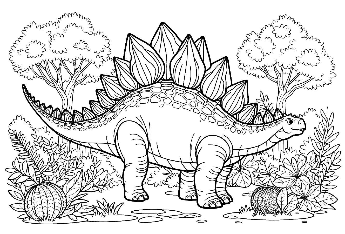 Free printable Stegosaurus dinosaur coloring page 20 detailed line art