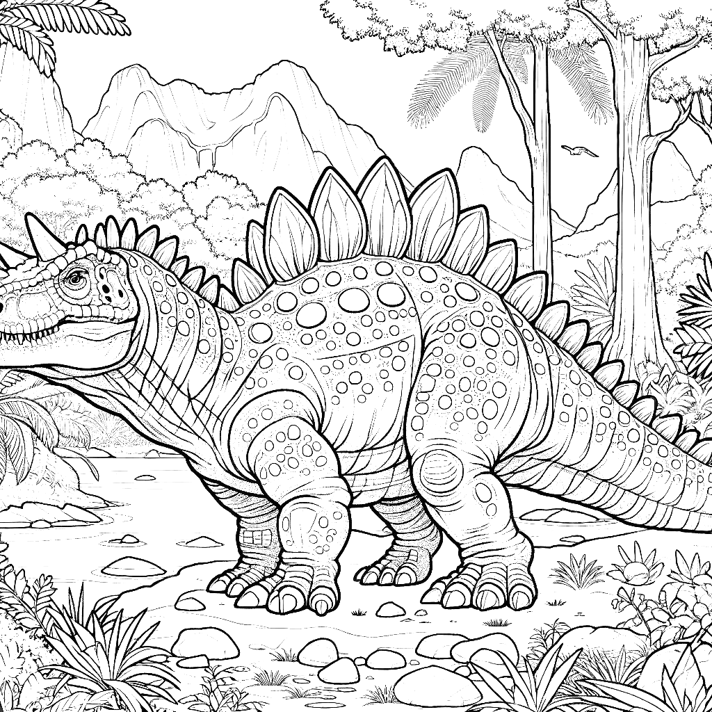 Free printable Stegosaurus dinosaur coloring page 6 detailed line art