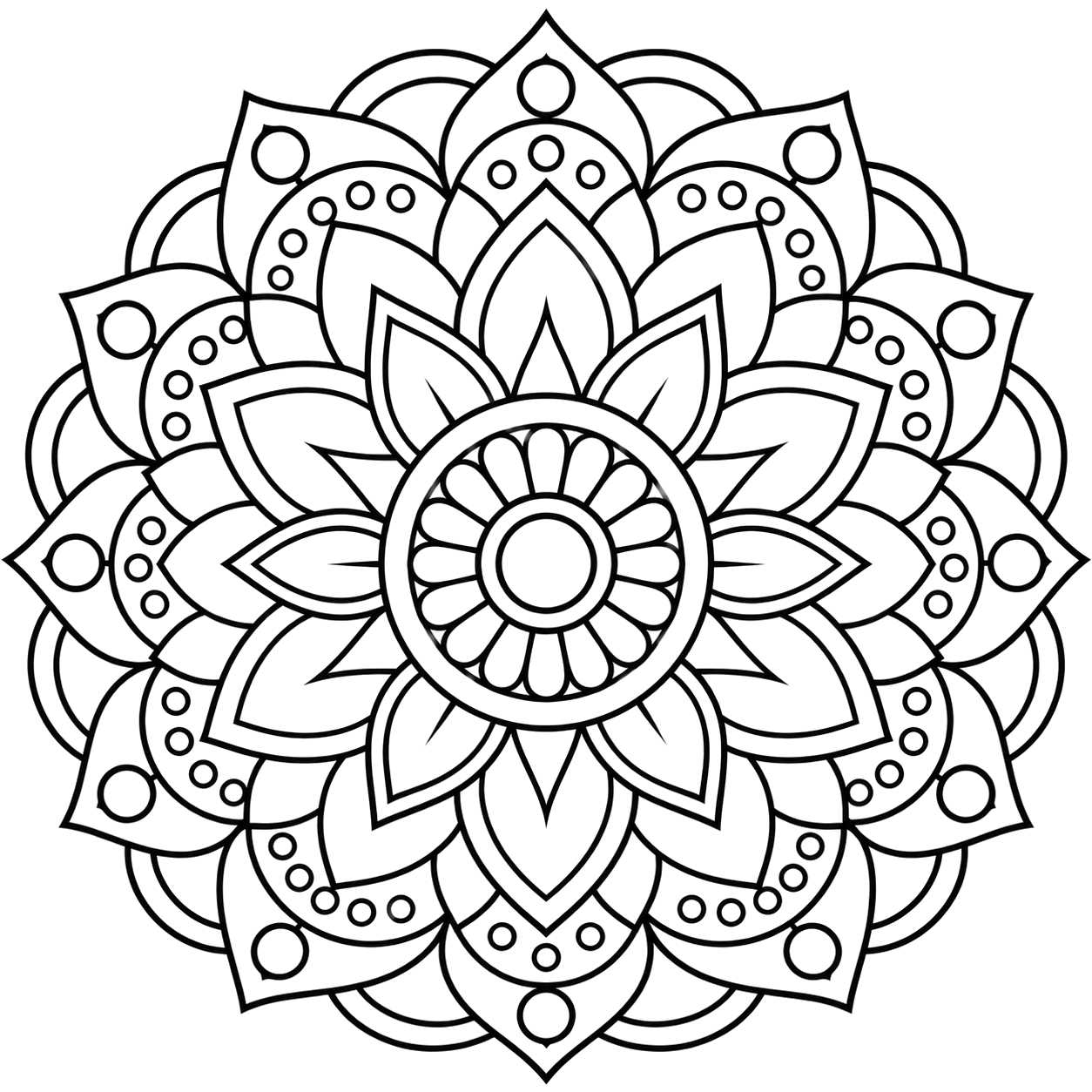 Symmetrical Floral Mandala coloring page with intricate patterns to print and color