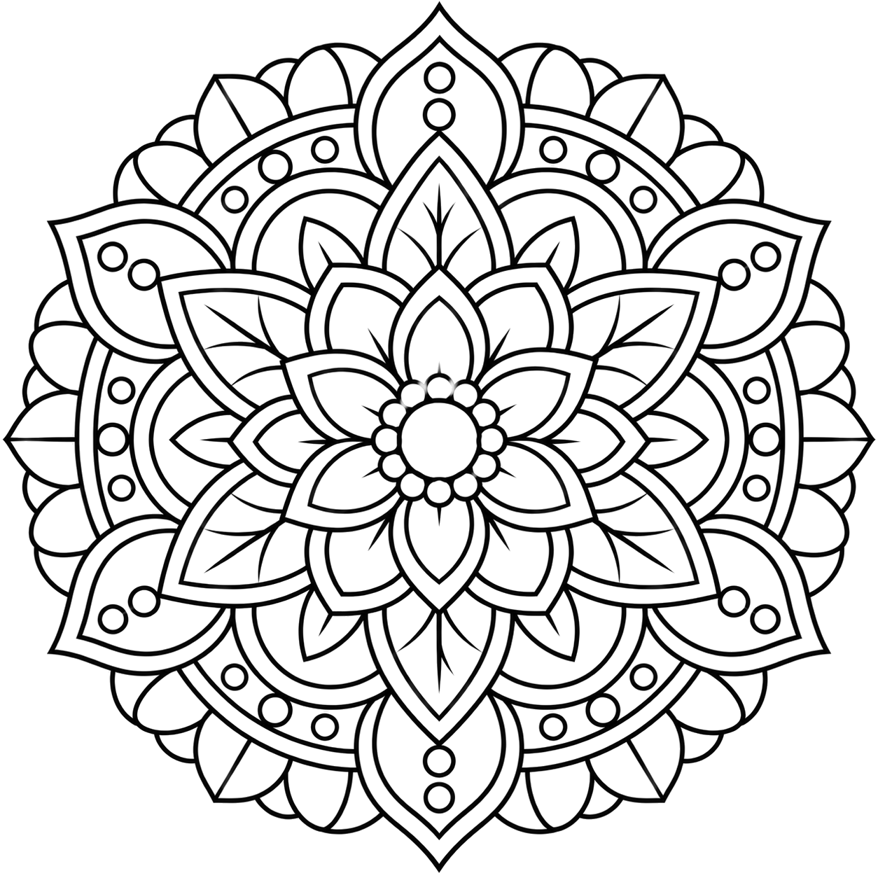 Symmetrical Floral Mandala coloring page with intricate patterns to print and color