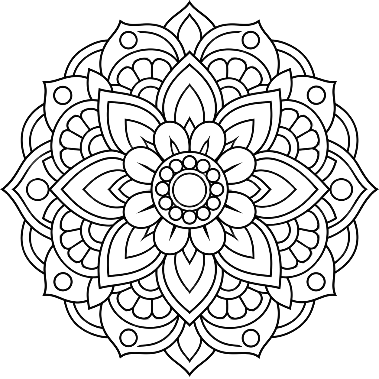 Symmetrical Lotus Mandala coloring page with intricate patterns to print and color
