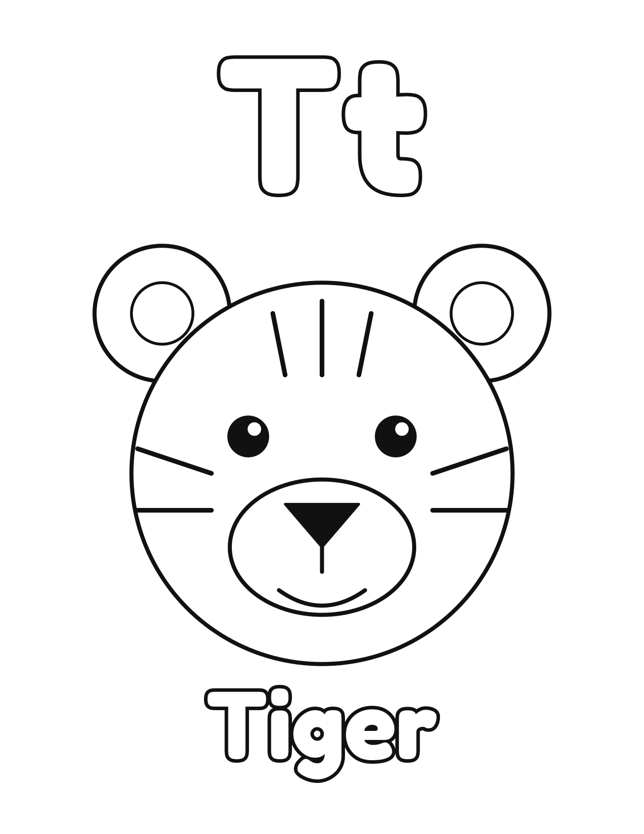 T is for Tiger animal alphabet coloring page with a cute tiger to color