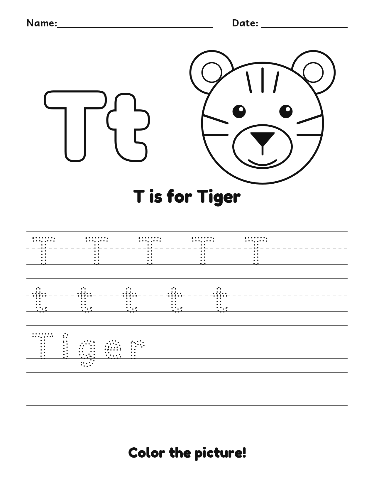 T is for Tiger animal alphabet tracing worksheet with a tiger picture and writing lines