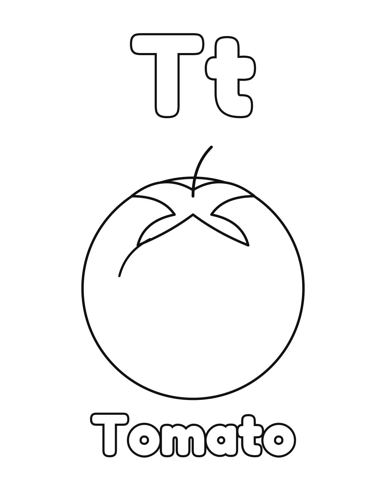T is for Tomato fruit and vegetable alphabet coloring page with tomato to color