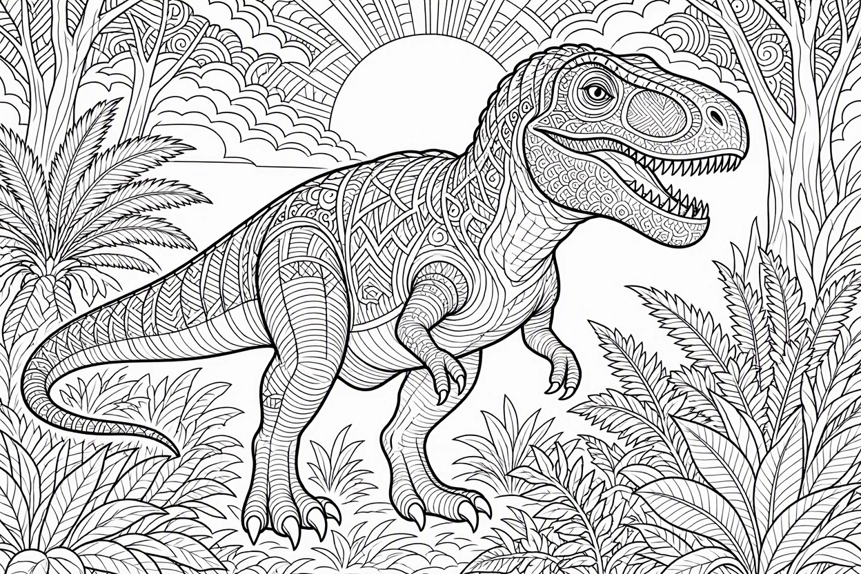 Free printable T. rex dinosaur coloring page 13 detailed line art