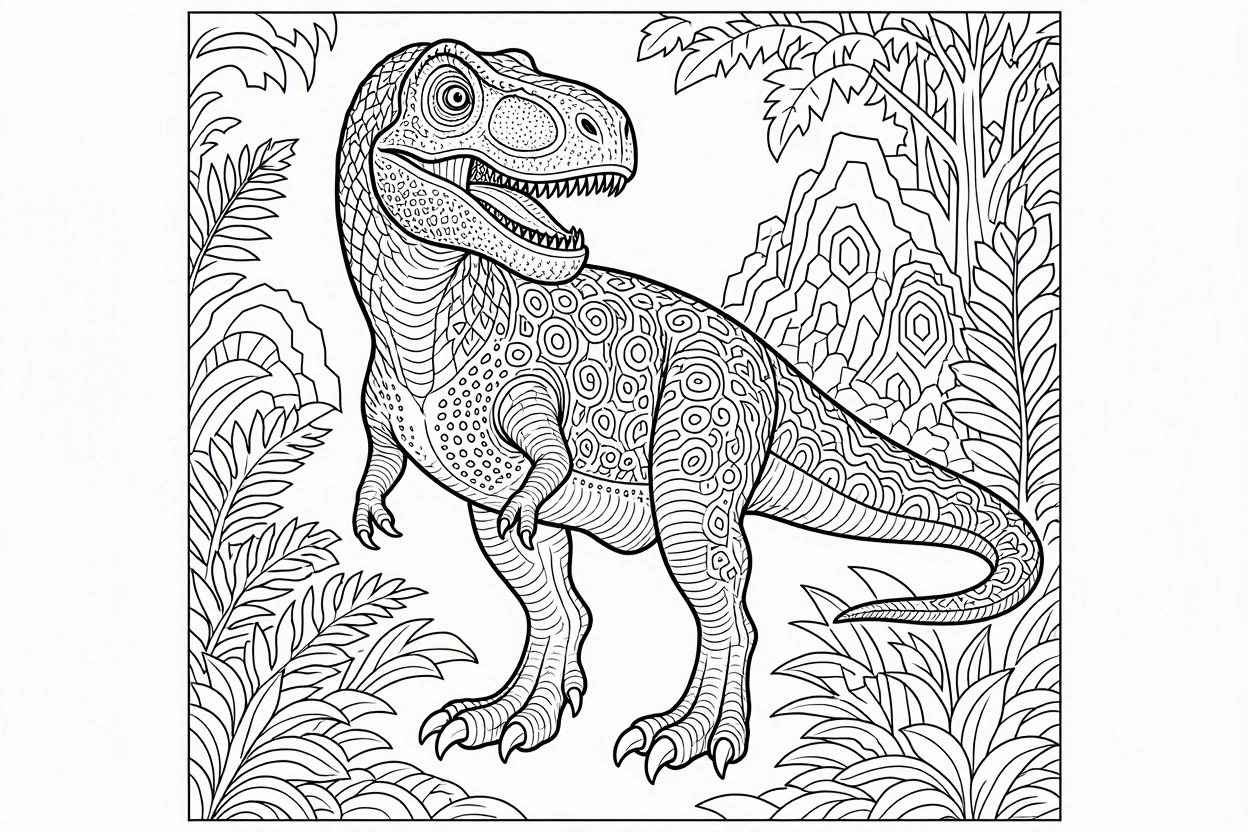 Free printable T. rex dinosaur coloring page 14 for kids and adults