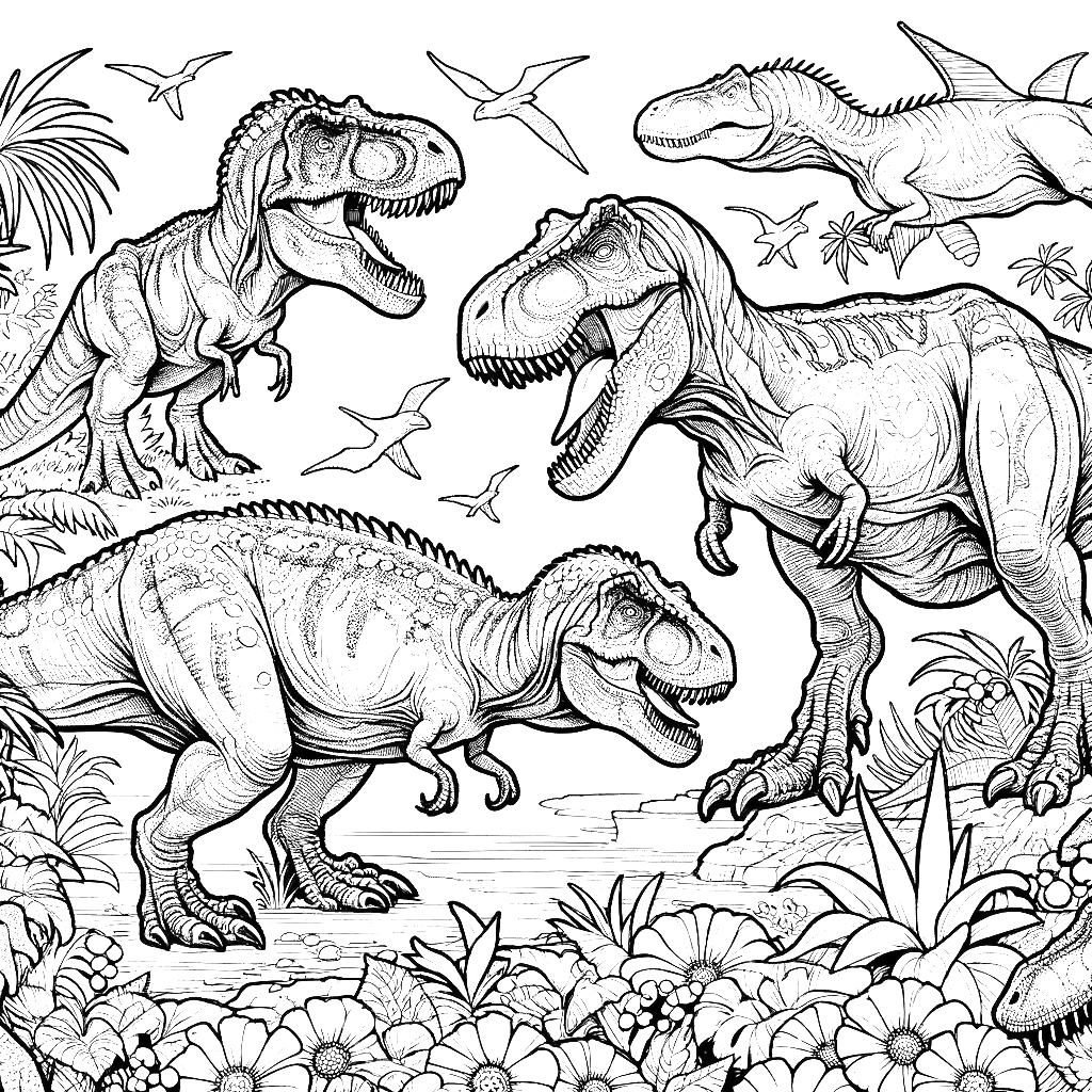 Free printable T. rex dinosaur coloring page 41 detailed line art