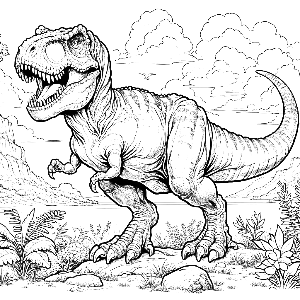 Free printable T. rex dinosaur coloring page 42 for kids and adults