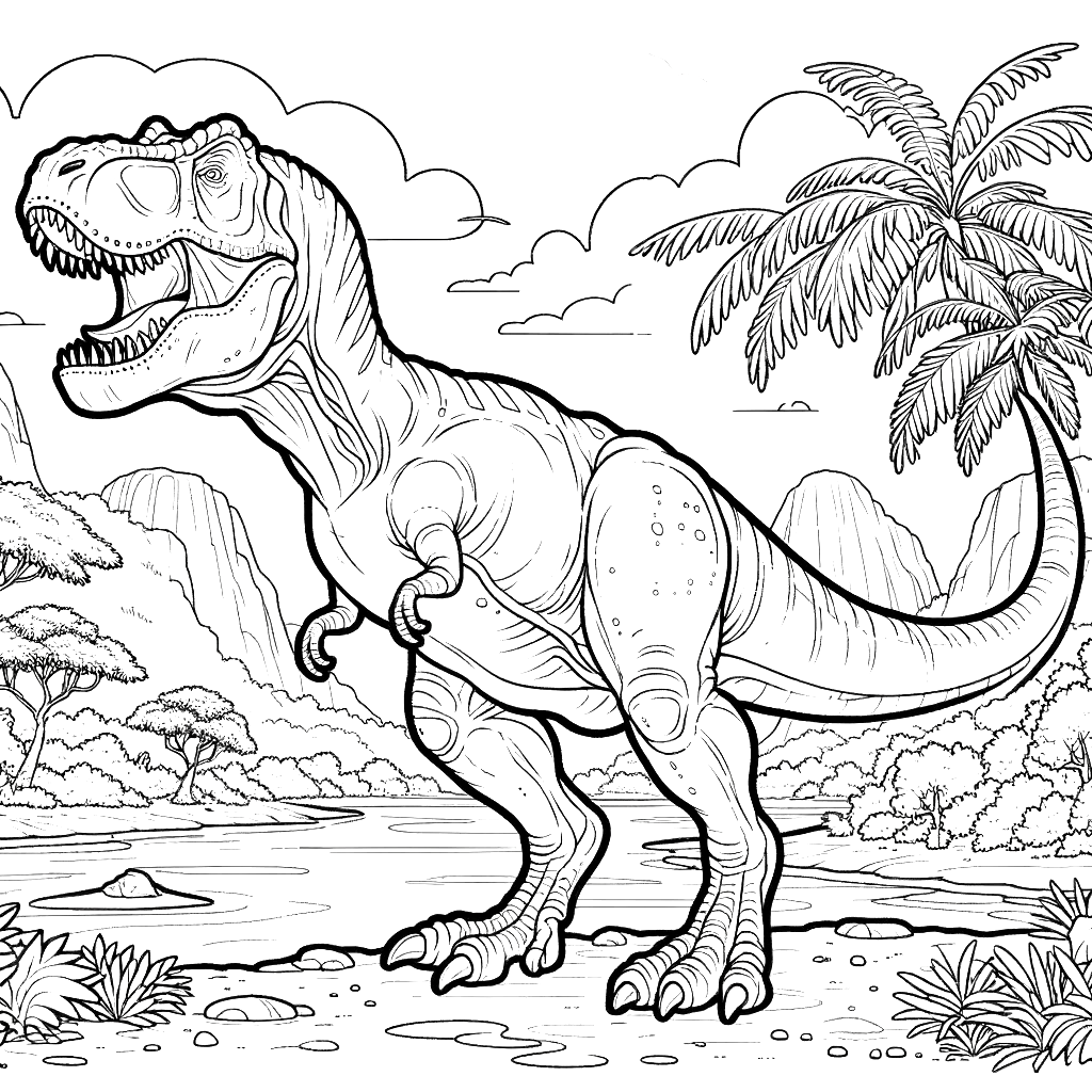 Free printable T. rex dinosaur coloring page 69 detailed line art