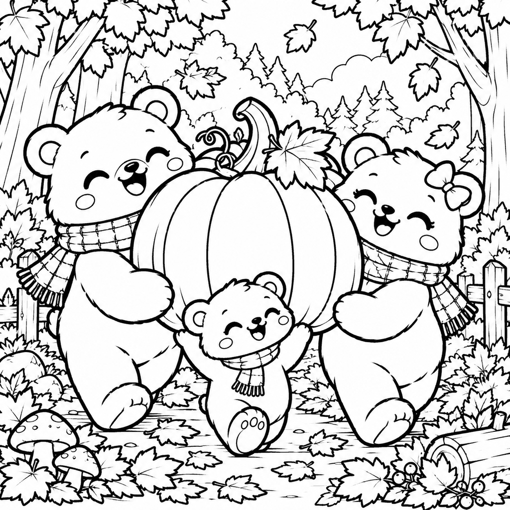 Thanksgiving coloring page of a bear family carrying a giant pumpkin through the forest
