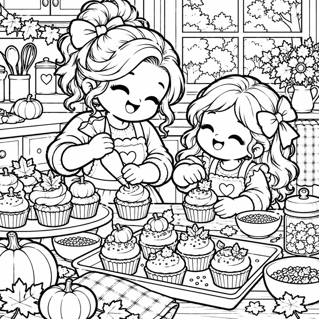 Thanksgiving coloring page of a mom and daughter decorating autumn cupcakes