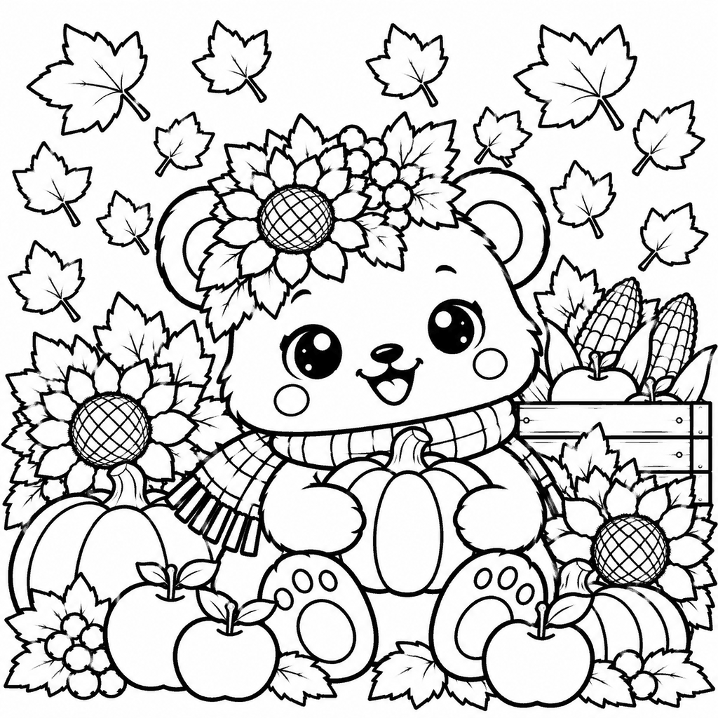 Thanksgiving coloring page of a cute bear with a sunflower crown and scarf among pumpkins