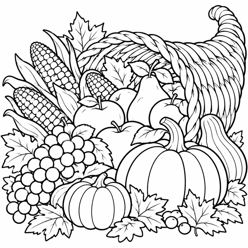 Thanksgiving coloring page of a horn of plenty filled with grapes, pumpkins and corn
