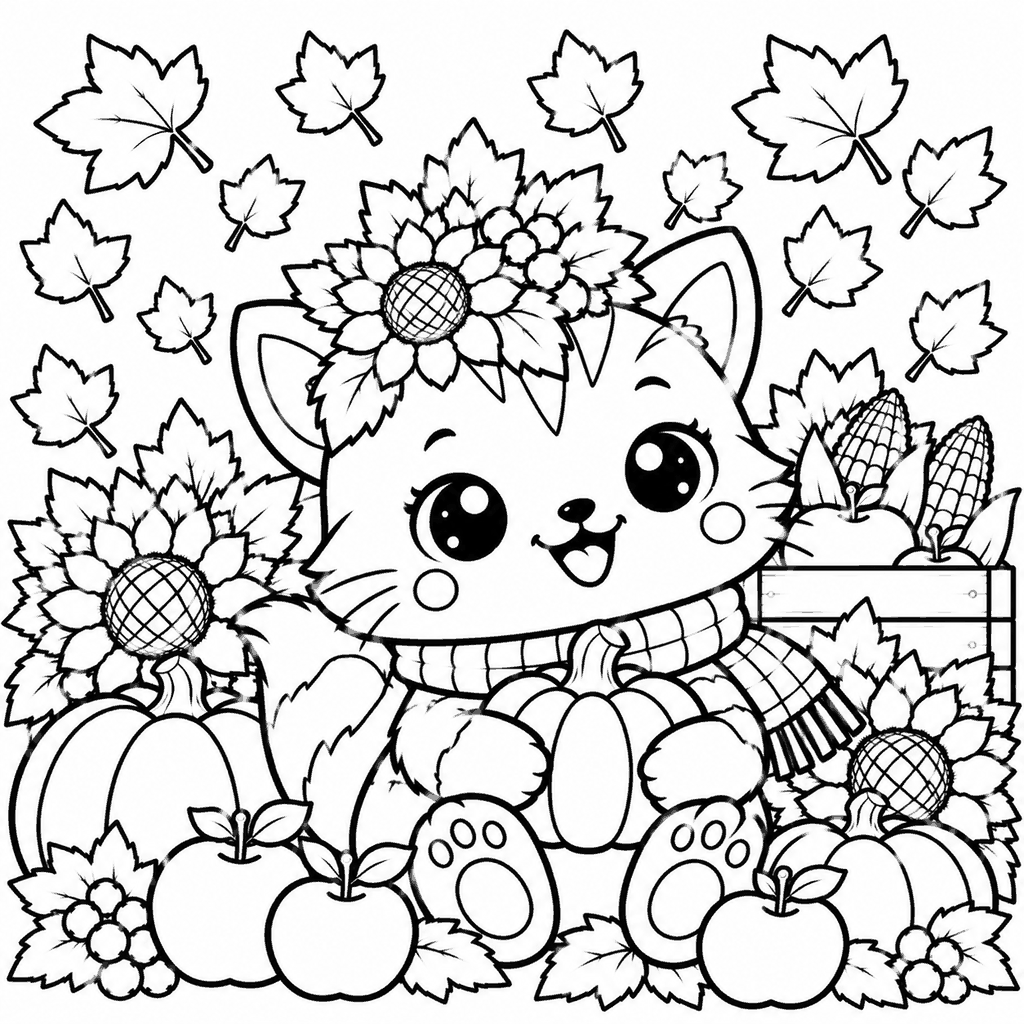 Thanksgiving coloring page of a cute kitten with a sunflower crown and scarf among pumpkins