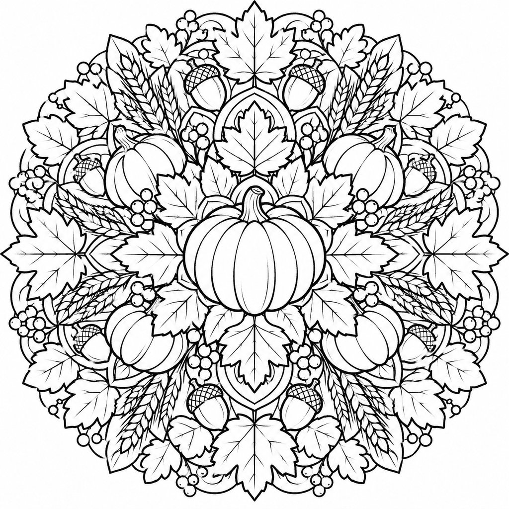 Thanksgiving coloring page of a round mandala of pumpkins, leaves and wheat