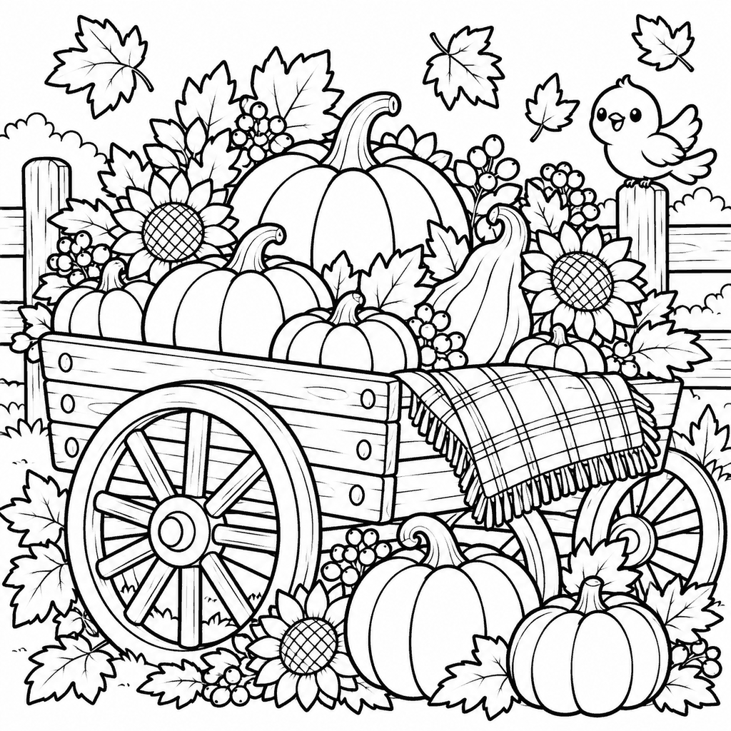 Thanksgiving coloring page of a wooden wagon full of pumpkins with a plaid blanket