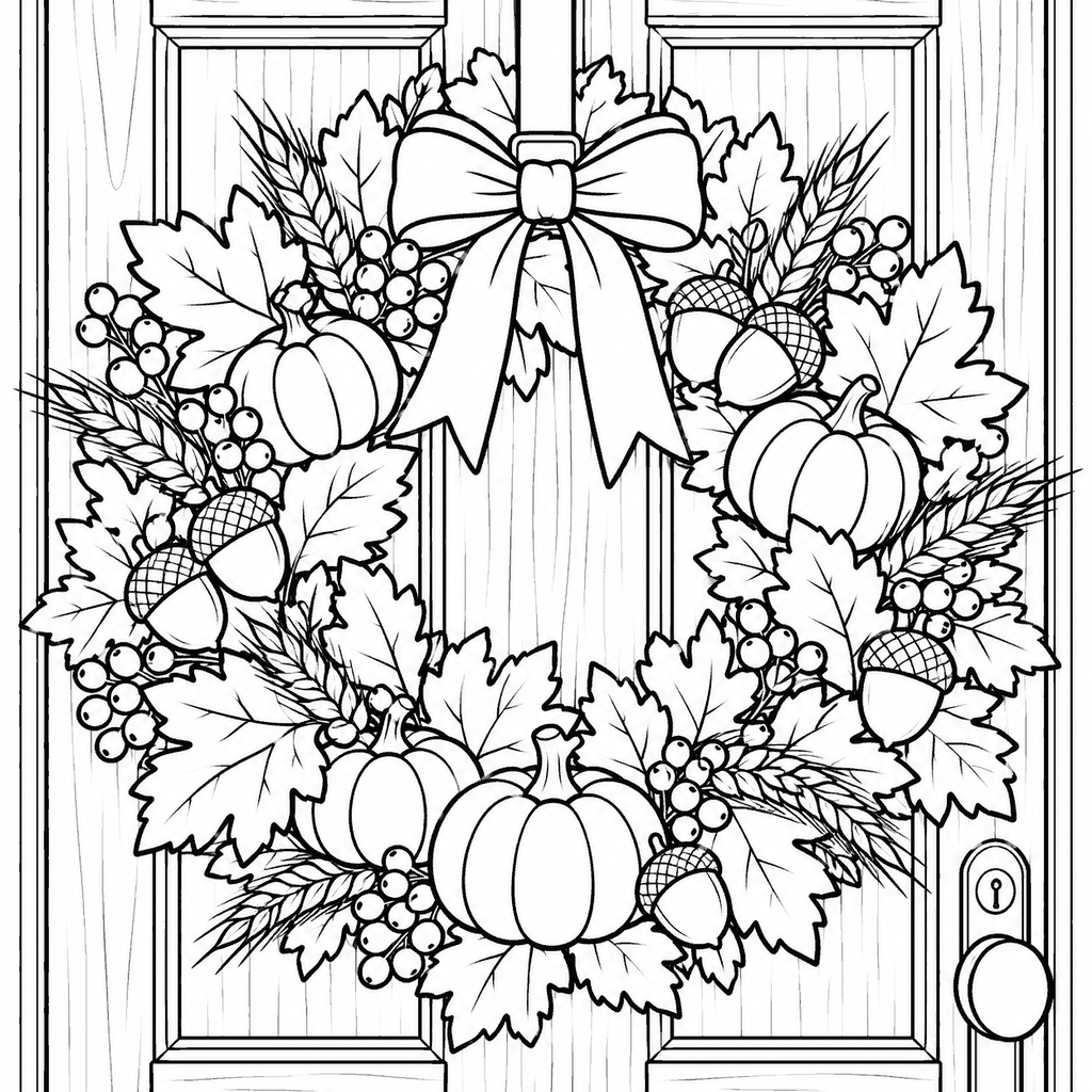 Thanksgiving coloring page of an autumn wreath with a bow on a wooden front door