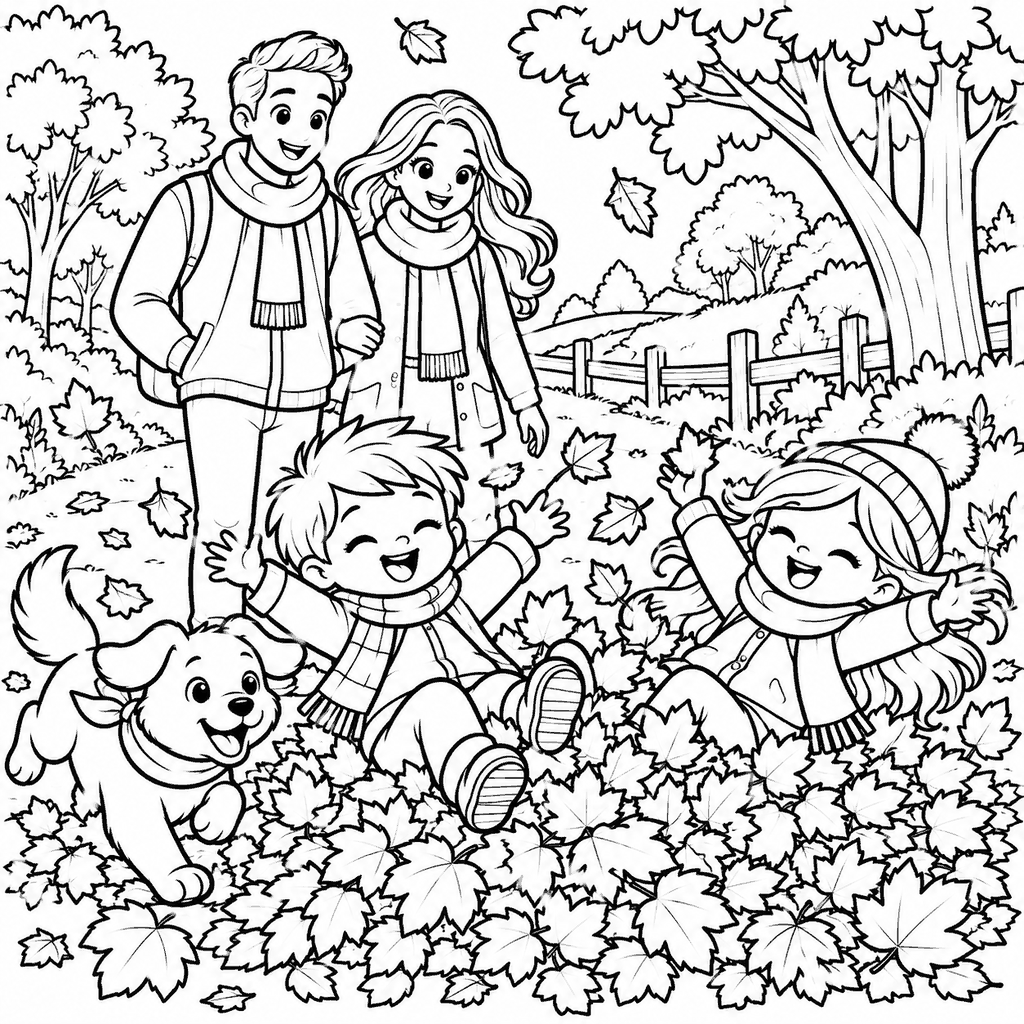 Thanksgiving coloring page of a family playing in autumn leaves with their puppy