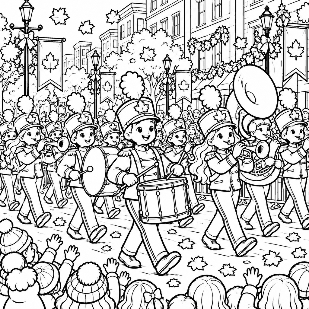 Thanksgiving coloring page of a marching band with drums and trumpets in a parade