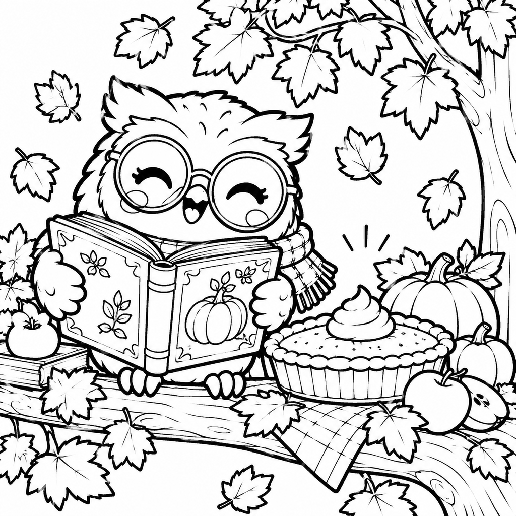 Thanksgiving coloring page of an owl in glasses reading a recipe book next to a pumpkin pie