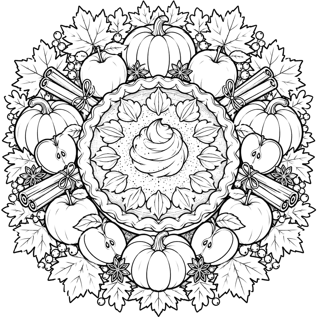 Thanksgiving coloring page of a mandala with a pumpkin pie in the center and rings of apples
