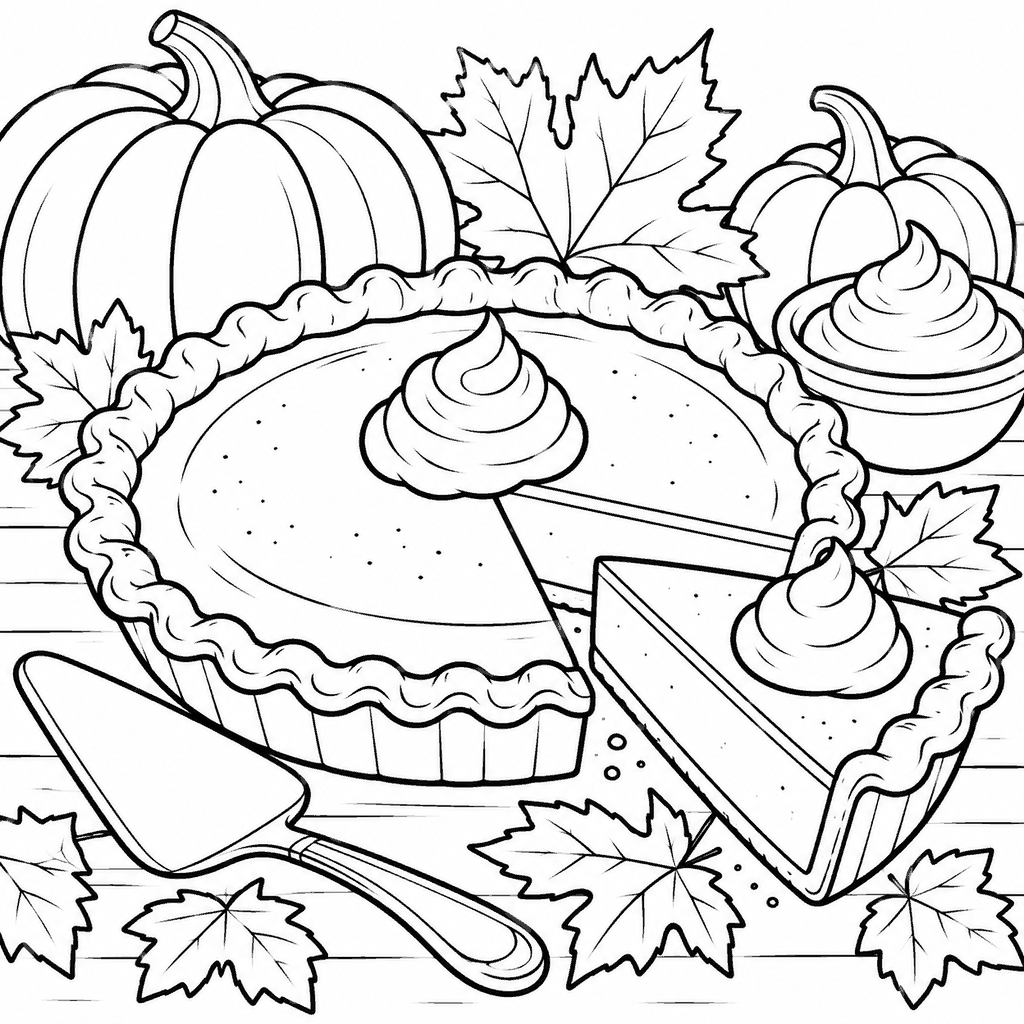 Thanksgiving coloring page of a pumpkin pie with a slice cut out and whipped cream