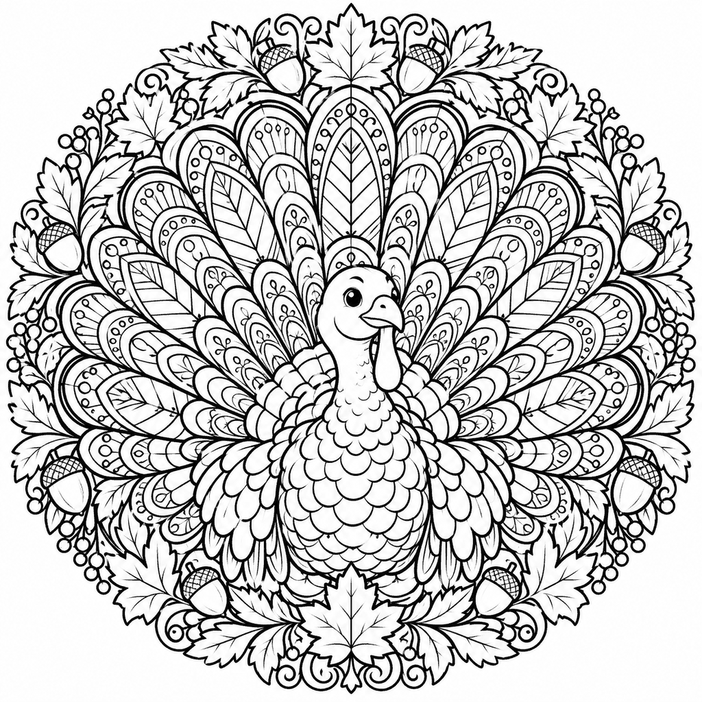Thanksgiving coloring page of a turkey with a fan of patterned feathers in a mandala style