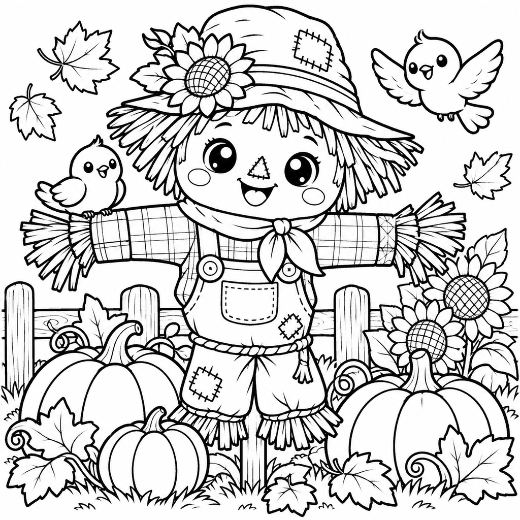Thanksgiving coloring page of a cheerful scarecrow with a straw hat, birds and pumpkins