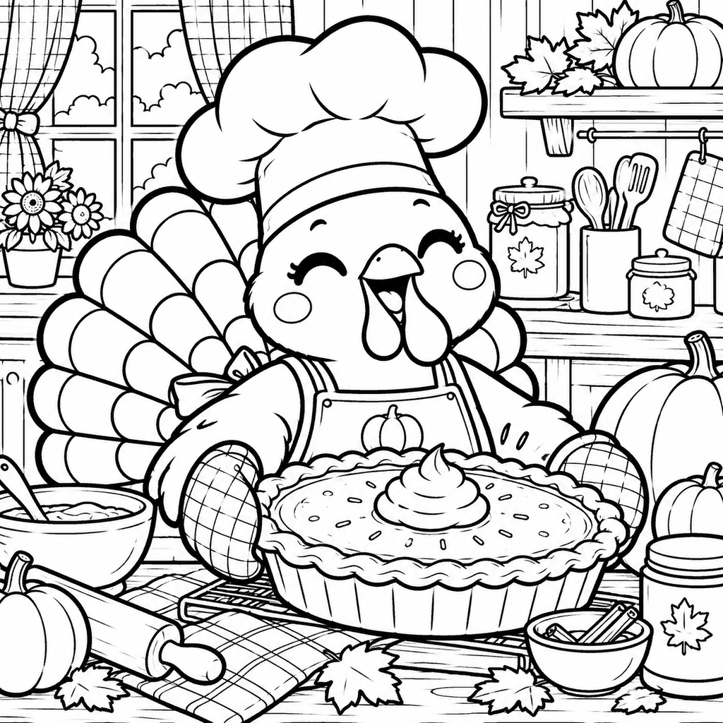Thanksgiving coloring page of a turkey chef baking a pumpkin pie in a cozy kitchen