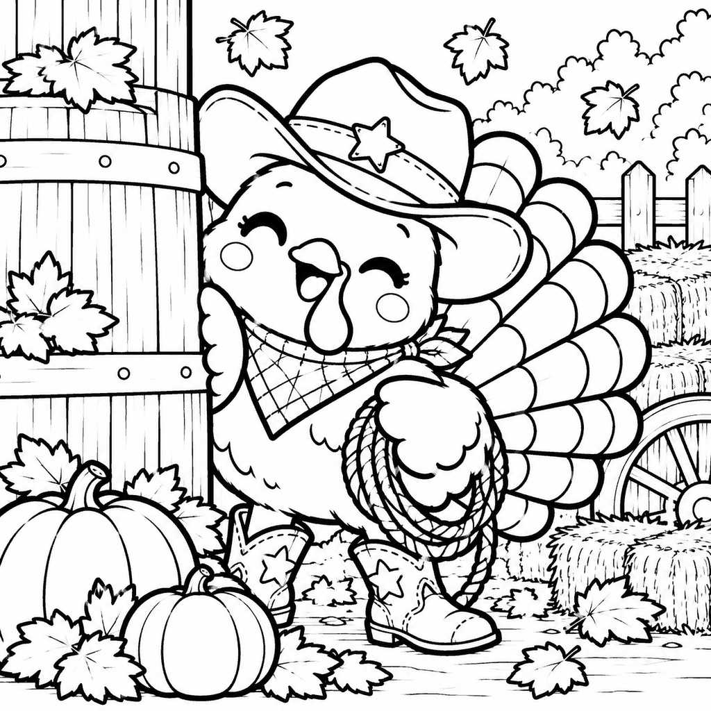 Thanksgiving coloring pages: a cowboy turkey with a hat and lasso on an autumn farm to print and color